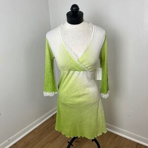 NWT VTG Komarov Ombre‎ Crinkle Midi Dress Bell Sleeve Lace Trim Green White L